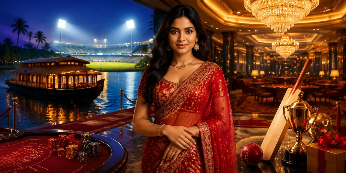Scenic Kerala backwaters with cricket banner in elegant red and gold theme