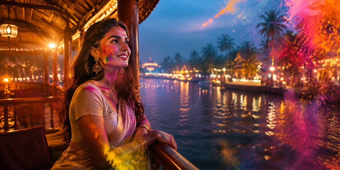 People celebrating lottery wins in Kerala's backwaters during Holi festival